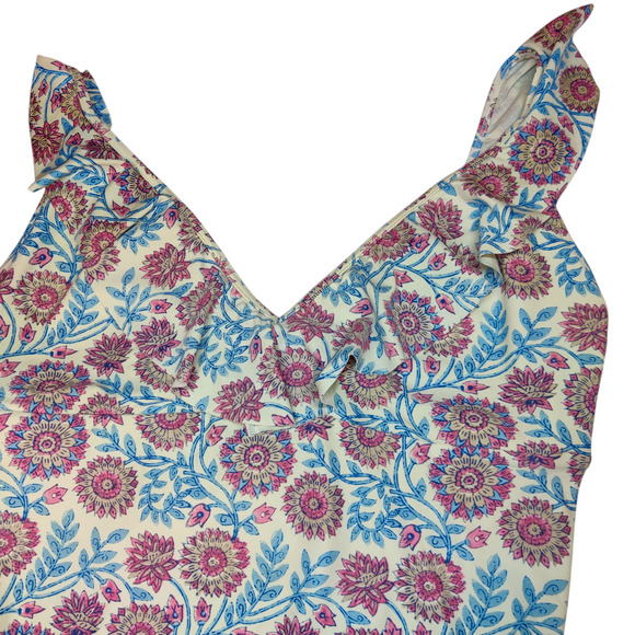 J. Crew Ruffle V Neck One Piece Swimsuit Floral Vine Block Print Sz 12 Pink Blue - Picture 4 of 14